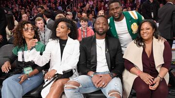 LOS ANGELES, CA - FEBRUARY 17: (2nd from Left-R) Gabrielle Union, Dwyane Wade and Kevin Hart attend in the 2018 Taco Bell Skills Challenge at Staples Center on February 17, 2018 in Los Angeles, California.   Kevork Djansezian/Getty Images/AFP
 == FOR NEWSPAPERS, INTERNET, TELCOS &amp; TELEVISION USE ONLY ==