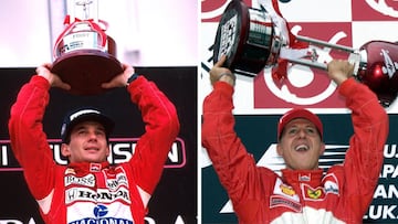 Ayrton Senna y Michael Schumacher levantan sus títulos de 1988 y 2000 en el GP de Japón en Suzuka.