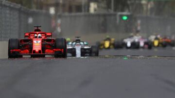 BAKU, AZERBAIJAN - APRIL 29: Sebastian Vettel of Germany driving the (5) Scuderia Ferrari SF71H on track during the Azerbaijan Formula One Grand Prix at Baku City Circuit on April 29, 2018 in Baku, Azerbaijan.  (Photo by Dan Istitene/Getty Images)