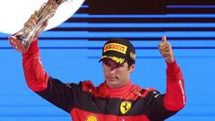 Formula One F1 - Saudi Arabia Grand Prix - Jeddah Corniche Circuit, Jeddah, Saudi Arabia - March 27, 2022 Third placed Ferrari's Carlos Sainz Jr. celebrates on the podium after the race REUTERS/Ahmed Yosri