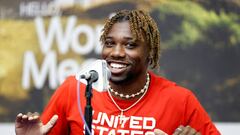 Noah Lyles of Team United States speaks during the Team United States Press Conference prior to competition for the World Athletics Championships Oregon22 at Hayward Field on July 14, 2022 in Eugene, Oregon.