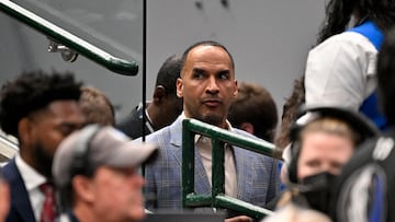 Dallas Mavericks general manger Nico Harrison look on during the third quarter against the Los Angeles Lakers at the American Airlines Center.
