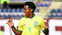 Brazil's forward Endrick celebrates scoring his team's first goal during the Venezuela 2024 CONMEBOL Pre-Olympic Tournament Group A football match between Bolivia and Brazil at the Brigido Iriarte stadium in Caracas, on January 23, 2024. (Photo by Federico Parra / AFP)