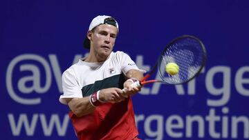 BUENOS AIRES, ARGENTINA - FEBRUARY 14: Diego Schwartzman of Argentina hits a backhand during his Men&#039;s Singles match against Pablo Cuevas of Uruguay during day 5 of ATP Buenos Aires Argentina Open at Buenos Aires Lawn Tennis Club on February 14, 2020 in Buenos Aires, Argentina. (Photo by Marcelo Endelli/Getty Images)