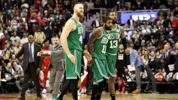 WASHINGTON, DC - DECEMBER 12: Aron Baynes #46, Kyrie Irving #11, and Marcus Morris #13 of the Boston Celtics walk off the floor during a second half timeout against the Washington Wizards at Capital One Arena on December 12, 2018 in Washington, DC. NOTE TO USER: User expressly acknowledges and agrees that, by downloading and or using this photograph, User is consenting to the terms and conditions of the Getty Images License Agreement.   Rob Carr/Getty Images/AFP
 == FOR NEWSPAPERS, INTERNET, TELCOS &amp; TELEVISION USE ONLY ==