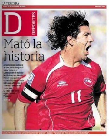 Con doblete de Marcelo Salas, Chile rescata su primer punto ante Uruguay en el Centenario por Eliminatorias. Fue 2-2 en Montevideo el 18 de noviembre de 2007.
