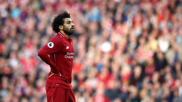 LIVERPOOL, ENGLAND - AUGUST 25: Mohamed Salah of Liverpool looks on during the Premier League match between Liverpool FC and Brighton & Hove Albion at Anfield on August 25, 2018 in Liverpool, United Kingdom. (Photo by Jan Kruger/Getty Images)