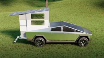 CyberLander, el módulo que convierte en autocaravana el Tesla CyberTruck, desplegado y visto desde fuera, en un campo de césped.