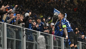 MILAN (Italy), 16/04/2025.- Inter Milans Lautaro Martinez celebrates scoring the 1-1 goal during the UEFA Champions League quarter-final second leg soccer match between Inter Milan and Bayern Munich, in Milan, Italy 16 April 2025. (Liga de Campeones, Italia) EFE/EPA/DANIEL DAL ZENNARO