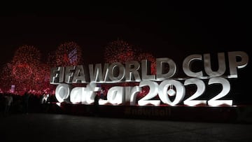 19 November 2022, Qatar, Doha: Soccer, preparation for the World Cup in Qatar, fireworks can be seen above the lettering "Fifa World Cup Qatar 2022". Photo: Tom Weller/dpa (Photo by Tom Weller/picture alliance via Getty Images)