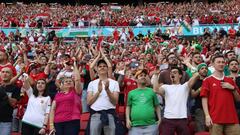 Los aficionados h&uacute;ngaros durante un partido de la Eurocopa 2020 en el Puskas Arena.