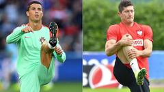 (COMBO) This combination of pictures created on June 26, 2016 shows Portugal&#039;s Captain and forward Cristiano Ronaldo warming up before the round of sixteen football match Croatia against Portugal of the Euro 2016 football tournament, on June 25, 2016 at the Bollaert-Delelis stadium in Lens, and Poland&#039;s captain and  forward Robert Lewandowski taking part in a training session in La Baule, on June 23, 2016, during the Euro 2016 football tournament.   
 
 Poland will face Portugal in their Euro 2016 Quarter-Finals football match at the Velodrome stadium in Marseille on June 30, 2016. / AFP PHOTO / FRANCISCO LEONG AND LOIC VENANCE
