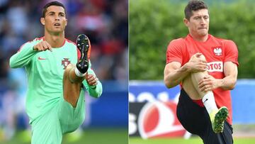 (COMBO) This combination of pictures created on June 26, 2016 shows Portugal&#039;s Captain and forward Cristiano Ronaldo warming up before the round of sixteen football match Croatia against Portugal of the Euro 2016 football tournament, on June 25, 2016 at the Bollaert-Delelis stadium in Lens, and Poland&#039;s captain and  forward Robert Lewandowski taking part in a training session in La Baule, on June 23, 2016, during the Euro 2016 football tournament.   
 
 Poland will face Portugal in their Euro 2016 Quarter-Finals football match at the Velodrome stadium in Marseille on June 30, 2016. / AFP PHOTO / FRANCISCO LEONG AND LOIC VENANCE