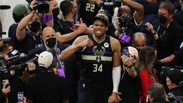 MILWAUKEE, WISCONSIN - JULY 20: Giannis Antetokounmpo #34 of the Milwaukee Bucks celebrates defeating the Phoenix Suns in Game Six to win the 2021 NBA Finals at Fiserv Forum on July 20, 2021 in Milwaukee, Wisconsin. NOTE TO USER: User expressly acknowledges and agrees that, by downloading and or using this photograph, User is consenting to the terms and conditions of the Getty Images License Agreement.   Jonathan Daniel/Getty Images/AFP
 == FOR NEWSPAPERS, INTERNET, TELCOS &amp; TELEVISION USE ONLY ==