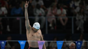 Palestine's Yazan Al Bawwab reacts before a heat of the men's 100m backstroke swimming event during the Paris 2024 Olympic Games at the Paris La Defense Arena in Nanterre, west of Paris, on July 28, 2024. (Photo by Oli SCARFF / AFP)