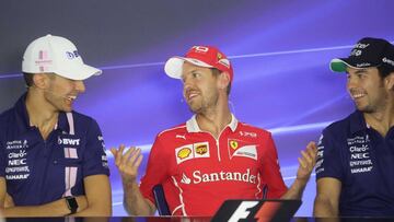 Esteban Ocon, Sebastian Vettel y Sergio P&eacute;rez.