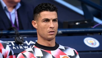 MANCHESTER, ENGLAND - OCTOBER 02: Cristiano Ronaldo of Manchester United looks on during the Premier League match between Manchester City and Manchester United at Etihad Stadium on October 02, 2022 in Manchester, England. (Photo by Laurence Griffiths/Getty Images)