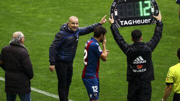 Head coach of Levante Paco Lopez (L) and Coke (R)   during spanish La Liga match between Levante UD vs SD Eibar  at Ciutat de Valencia  Stadium on March 31, 2019.