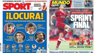 Portadas de los diarios Sport y Mundo Deportivo del d&iacute;a 31 de agosto de 2017.