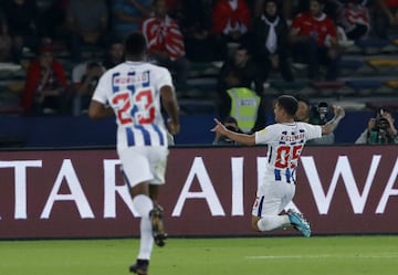 Mexico's Pachuca Victor Guzman, right, celebrates after scoring his side's opening goal during the Club World Cup soccer match between Pachuca and Wydad Athletic Club at Zayed sport city in Abu Dhabi, United Arab Emirates, Saturday, Dec. 9, 2017. (AP Photo/Hassan Ammar)