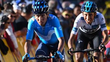 Nairo Quintana y Egan Bernal llegan a la meta de la s&eacute;ptima etapa de la Par&iacute;s-Niza en la llegada en alto al Col de Turini.
