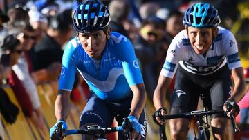 Nairo Quintana y Egan Bernal llegan a la meta de la s&eacute;ptima etapa de la Par&iacute;s-Niza en la llegada en alto al Col de Turini.