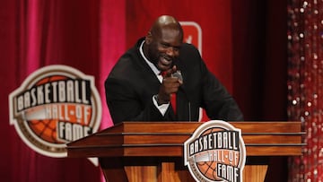 Sep 09, 2016; Springfield, MA, USA; Shaquille O&rsquo;Neal  speaks at the Springfield Symphony Hall during the 2016 Naismith Memorial Basketball Hall of Fame Enshrinement Ceremony. Mandatory Credit: David Butler II-USA TODAY Sports