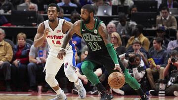 Dec 10, 2017; Detroit, MI, USA; Boston Celtics guard Kyrie Irving (11) dribbles while defended by Detroit Pistons guard Ish Smith (14) in the second half at Little Caesars Arena. Mandatory Credit: Rick Osentoski-USA TODAY Sports