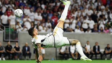 Real Madrid's Spanish forward Joselu celebrates scoring his team's second goal during a pre-season friendly football match between Real Madrid CF and Manchester United FC at NRG Stadium in Houston, Texas, on July 26, 2023. (Photo by Mark Felix / AFP)
