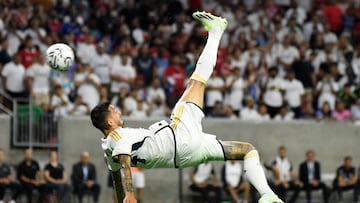 Real Madrid's Spanish forward Joselu celebrates scoring his team's second goal during a pre-season friendly football match between Real Madrid CF and Manchester United FC at NRG Stadium in Houston, Texas, on July 26, 2023. (Photo by Mark Felix / AFP)