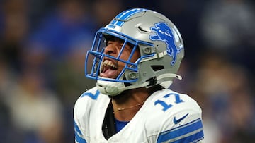 INDIANAPOLIS, INDIANA - NOVEMBER 24: Tim Patrick #17 of the Detroit Lions reacts after a first down during the third quarter against the Indianapolis Colts at Lucas Oil Stadium on November 24, 2024 in Indianapolis, Indiana. Andy Lyons/Getty Images/AFP (Photo by ANDY LYONS / GETTY IMAGES NORTH AMERICA / Getty Images via AFP)