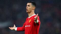 MANCHESTER, ENGLAND - MAY 02: Cristiano Ronaldo of Manchester United reacts during the Premier League match between Manchester United and Brentford at Old Trafford on May 02, 2022 in Manchester, England. (Photo by Catherine Ivill/Getty Images)