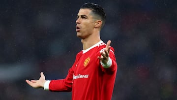 MANCHESTER, ENGLAND - MAY 02: Cristiano Ronaldo of Manchester United reacts during the Premier League match between Manchester United and Brentford at Old Trafford on May 02, 2022 in Manchester, England. (Photo by Catherine Ivill/Getty Images)