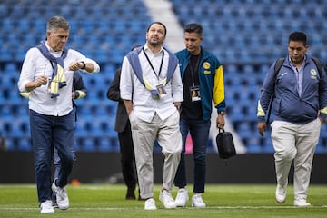 Hector Gonzalez Inarritu, Santiago Banos, Diego Ramirez of America  during the 1st round match between America and Queretaro as part of the Liga BBVA MX, Torneo Apertura 2024, at Ciudad de los Deportes Stadium on July 12, 2024 in Mexico City, Mexico.