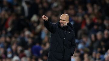 MANCHESTER, ENGLAND - NOVEMBER 03: Pep Guardiola, Manager of Manchester City reacts during the UEFA Champions League group A match between Manchester City and Club Brugge KV at Etihad Stadium on November 03, 2021 in Manchester, England. (Photo by Clive Br
