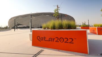 DOHA, QATAR - OCTOBER 07: An exterior general view of the Education City Stadium, a host venue for the Qatar 2022 FIFA World Cup. Education City Stadium has a design that draws on the rich history of Islamic architecture, blending it with striking modernity. The facade features triangles that form complex, diamond-esque geometrical patterns, appearing to change color with the sun's movement across the sky, on October 7, 2021 in Doha, Qatar. (Photo by Matthew Ashton - AMA/Getty Images)