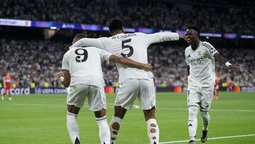 Kylian Mbappe, Jude Bellingham, and Vinicius Jr. of Real Madrid celebrate a goal during the UEFA Champions League 2024/25 match between Real Madrid and VfB Stuttgart at Santiago Bernabeu Stadium in Madrid, Spain, on September 17, 2024. (Photo by Guillermo Martinez)