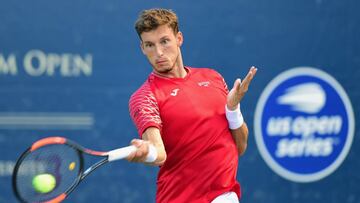 WINSTON-SALEM, NC - AUGUST 21: Pablo Carreno Busta of Spain returns a shot from Franko Skugor of Croatia during their match on day two of the Winston-Salem Open at Wake Forest University on August 21, 2018 in Winston-Salem, North Carolina.   Jared C. Tilton/Getty Images/AFP
 == FOR NEWSPAPERS, INTERNET, TELCOS &amp; TELEVISION USE ONLY ==