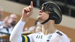 Matthew Glaetzer celebra su triunfo en la final de sprint del Mundial de 2018, celebrado en Apeldoorn. 