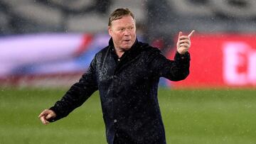 MADRID, SPAIN - APRIL 10: Ronald Koeman, Head Coach of FC Barcelona reacts following the La Liga Santander match between Real Madrid and FC Barcelona at Estadio Alfredo Di Stefano on April 10, 2021 in Madrid, Spain. Sporting stadiums around Spain remain u