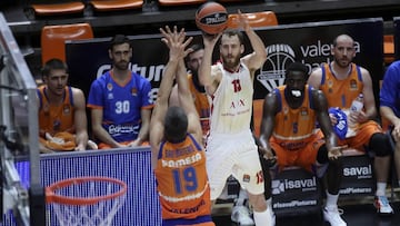 Sergio Rodríguez, durante el partido de la Euroliga que enfrentó al Valencia Basket y al Armani Mián en la Fonteta sin público