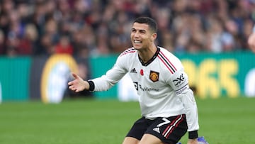 BIRMINGHAM, ENGLAND - NOVEMBER 06: Cristiano Ronaldo of Manchester United reacts during the Premier League match between Aston Villa and Manchester United at Villa Park on November 6, 2022 in Birmingham, United Kingdom. (Photo by Matthew Ashton - AMA/Getty Images)