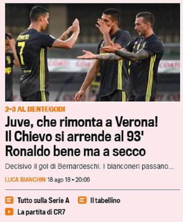 El titular de la Gazzetta dello Sport tras el primer partido de Cristiano Ronaldo en la Juventus.