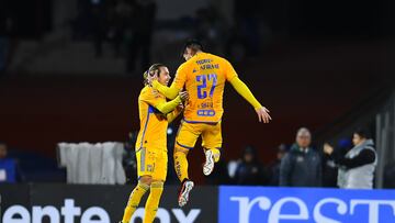 Jesus Angulo celebrate this goal 0-1 with Francisco Sebastian Cordova of Tigres during the Semifinals first leg match between Pumas UNAM and Tigres UANL as part of Torneo Apertura 2023 Liga BBVA MX, at Olimpico Universitario Stadium, December 07, 2023, in Mexico City.