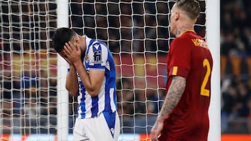 ROME, ITALY - MARCH 09: Mikel Merino of Real Sociedad looks dejected during the UEFA Europa League round of 16 leg one match between AS Roma and Real Sociedad at Stadio Olimpico on March 9, 2023 in Rome, Italy. (Photo by Carlo Hermann/DeFodi Images via Getty Images)