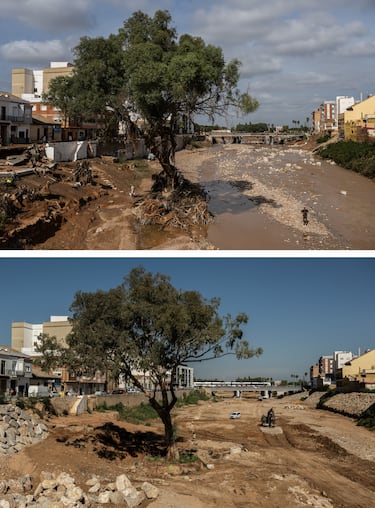 Imagen superior: Lodo y escombros después de que las inundaciones afectaran a grandes partes del municipio de Paiporta cerca de Valencia. Imagen inferior: Trabajadores de la construcción realizan obras de mejora a lo largo de la Rambla del Poyo en el municipio de Paiporta cerca de Valencia.