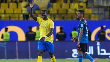 Nassr's Senegalese Forward #10 Sadio Mane celebrates after scoring his team's third goal during the Saudi Pro League football match between Al-Nassr and Al-Wehda at Al-Awwal Stadium in Riyadh on May 4, 2024. (Photo by Fayez NURELDINE / AFP)