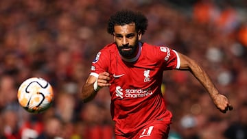 Soccer Football - England - Premier League - Liverpool v Aston Villa - Anfield, Liverpool, Britain - September 3, 2023 Liverpool's Mohamed Salah in action REUTERS/Molly Darlington EDITORIAL USE ONLY. No use with unauthorized audio, video, data, fixture lists, club/league logos or 'live' services. Online in-match use limited to 75 images, no video emulation. No use in betting, games or single club /league/player publications.  Please contact your account representative for further details.