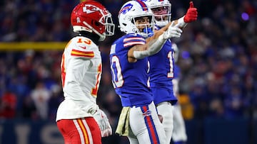 ORCHARD PARK, NEW YORK - NOVEMBER 17: Khalil Shakir #10 of the Buffalo Bills reacts after making a catch against the Kansas City Chiefs during the third quarter at Highmark Stadium on November 17, 2024 in Orchard Park, New York. Timothy T Ludwig/Getty Images/AFP (Photo by Timothy T Ludwig / GETTY IMAGES NORTH AMERICA / Getty Images via AFP)