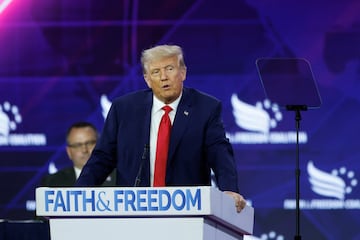 Former U.S. President Donald Trump addresses The Faith and Freedom Coalition's 2023 "Road to Majority" conference.